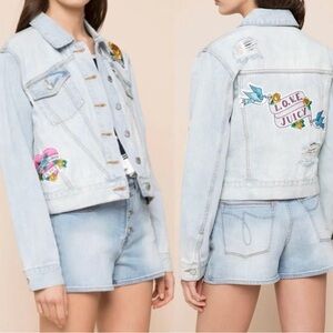 Juicy Couture Cabana Wash Tattoo Denim Jean Jacket Patches NWOT Lg